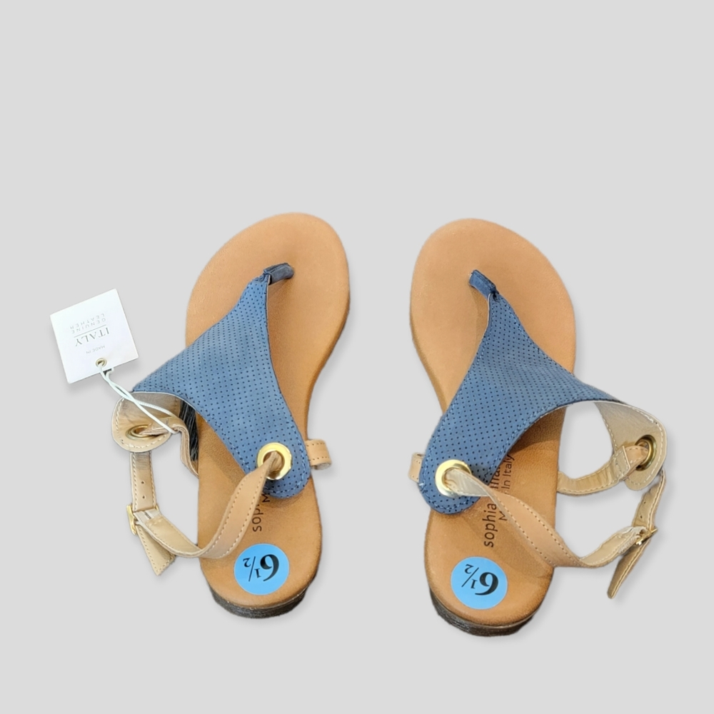 Blue Perforated Thong Sandals with Beige Straps